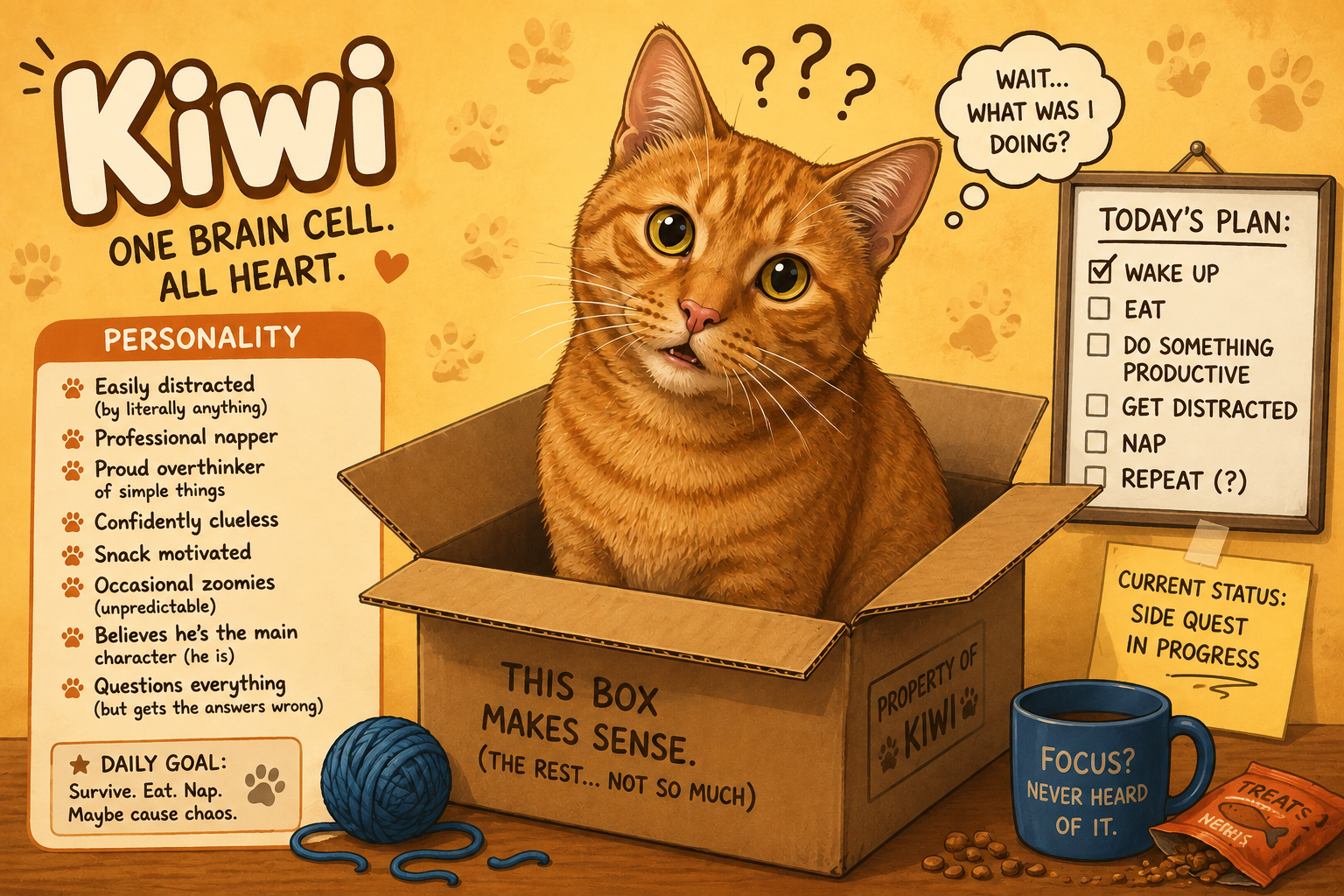 Kiwi, a confused orange tabby sitting in a cardboard box