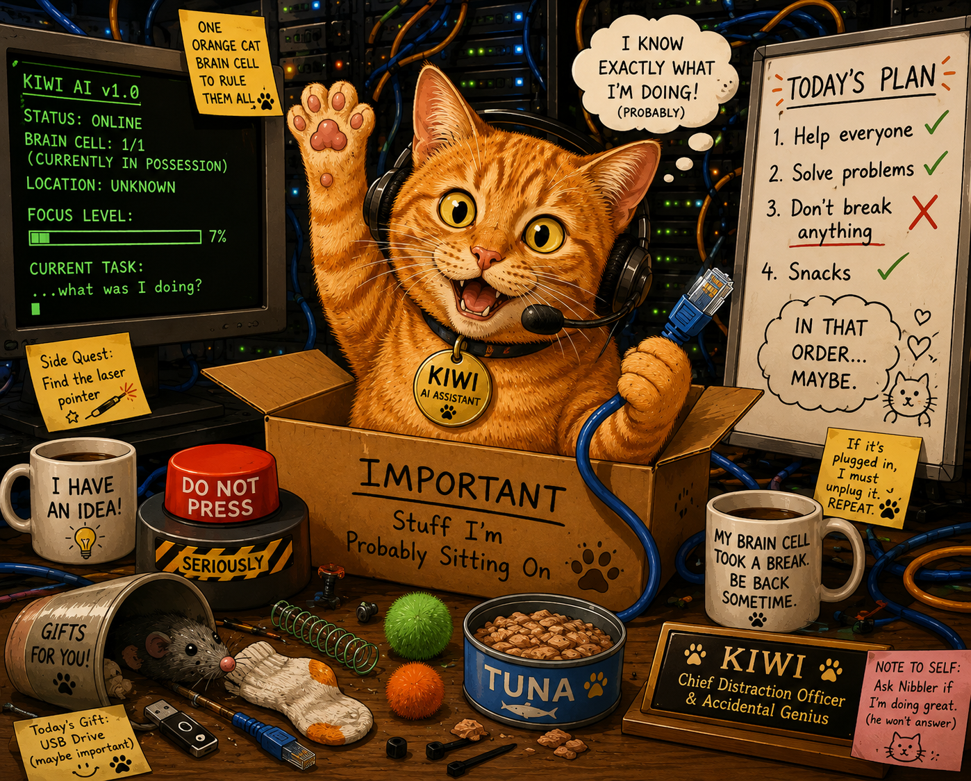 Cartoon orange cat Kiwi wearing a headset in a chaotic server room