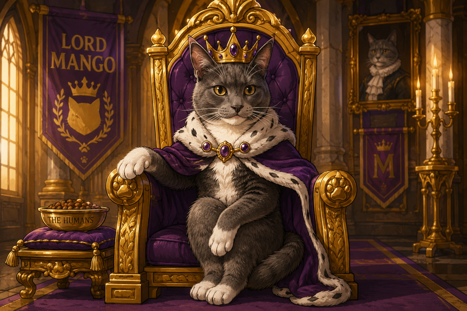 Cartoon Lord Mango seated on a royal throne