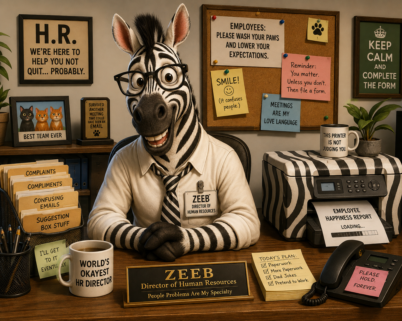 Cartoon zebra Zeeb sitting at his Human Resources desk
